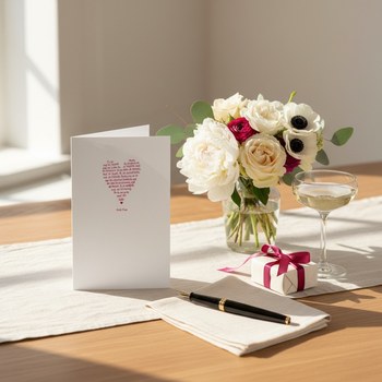 Preview: Trixi Gronau wedding card ERICH FRIED, B6 portrait in white pearlescent paper with an Erich Fried love poem set in heart-shaped magenta italic script. On a warm light-oak desk with cream linen runner, beside a bouquet of white peonies, magenta ranunculus,
