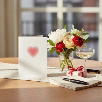 Preview: Trixi Gronau Hochzeitskarte HERZ DOTTED, B6 Hochformat in weissem Perlglanzpapier mit zartem roten Herz aus Halbton-Punkten. Auf warmem Eichen-Schreibtisch mit cremefarbenem Leinen-Laeufer, daneben Bouquet aus weissen Pfingstrosen, cremefarbenen Rosen, Eu