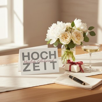 Preview: Trixi Gronau Hochzeitskarte HERZLICHE GLUECKWUENSCHE, B6 Hochformat in weissem Perlglanzpapier mit grossem soft-grauen HOCHZEIT-Schriftzug und dunkelroter Kursivschrift. Auf warmem Eichen-Schreibtisch mit cremefarbenem Leinen-Laeufer, daneben Bouquet aus 