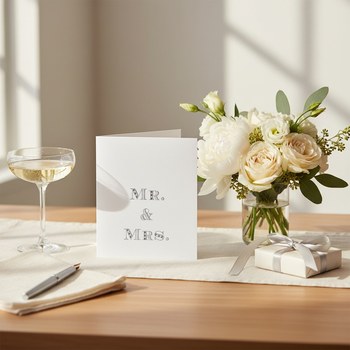 Preview: Trixi Gronau Hochzeitskarte MR. & MRS., B6 Hochformat in weissem Perlglanzpapier mit elegantem silbergrauen Serifen-Typo. Aufgestellt auf einem warmen Eichen-Schreibtisch mit cremefarbenem Leinen-Laeufer, daneben kleines Bouquet aus weissen Pfingstrosen, 