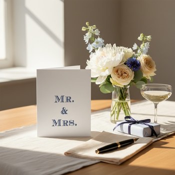 Preview: Trixi Gronau Hochzeitskarte MR. & MRS. blau, B6 Hochformat in weissem Perlglanzpapier mit tiefblauer Serifen-Typo. Auf warmem Eichen-Schreibtisch mit cremefarbenem Leinen-Laeufer, daneben Bouquet aus weissen Pfingstrosen, cremefarbenen Gartenrosen, Eukaly
