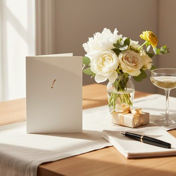 Preview: Trixi Gronau Karte AUSRUFUNGSZEICHEN, B6 Hochformat in cremefarbenem Perlglanzpapier mit winzigem goldfarbenen Ausrufezeichen. Auf warmem Eichen-Schreibtisch mit cremefarbenem Leinen-Laeufer, daneben Bouquet aus weissen Pfingstrosen, cremefarbenen Rosen, 