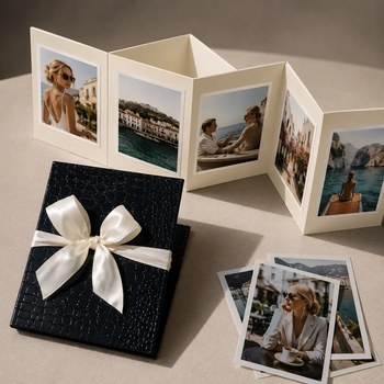 Trixi Gronau NELLI Croco blue photo leporello, small accordion album unfolded with five travel photos. Beside it the closed album in royal blue croco embossing, wrapped with a blue satin ribbon. Three additional polaroid photos. On a light cream surface, 