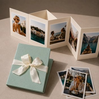 Trixi Gronau NELLI Galluchat Mint photo leporello, small accordion album unfolded with five summer travel photos: blonde woman at the pool, white Mediterranean village, couple at a cafe, blonde woman in a boat, mountain landscape. Beside it the closed alb