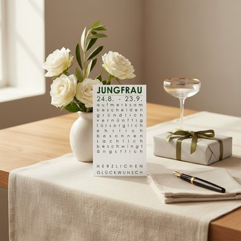 Preview: Trixi Gronau Sternzeichenkarte JUNGFRAU, A6 Hochformat in dunklem Waldgruen mit elegantem Typografie-Layout und Geburtstagsgruss HERZLICHEN GLUECKWUNSCH. Auf hellem Eichen-Schreibtisch mit cremefarbener Leinen-Decke, daneben weisse Rosen und Olivenzweige 