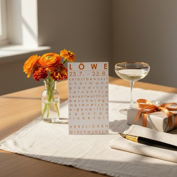 Preview: Trixi Gronau Sternzeichenkarte LOEWE, A6 Hochformat in warmem Orange mit elegantem Typografie-Layout und Geburtstagsgruss HERZLICHEN GLUECKWUNSCH. Auf hellem Eichen-Schreibtisch mit cremefarbener Leinen-Decke, daneben orangefarbene Ranunkeln und Ringelblu