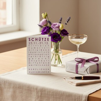 Preview: Trixi Gronau Sternzeichenkarte SCHUETZE, A6 Hochformat in tiefem Pflaumen-Lila mit elegantem Typografie-Layout und Geburtstagsgruss HERZLICHEN GLUECKWUNSCH. Auf hellem Eichen-Schreibtisch mit cremefarbener Leinen-Decke, daneben lila Lisianthus und Lavende