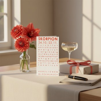 Preview: Trixi Gronau Sternzeichenkarte SKORPION, A6 Hochformat in leuchtendem Korall-Rot mit elegantem Typografie-Layout und Geburtstagsgruss HERZLICHEN GLUECKWUNSCH. Auf hellem Eichen-Schreibtisch mit cremefarbener Leinen-Decke, daneben korallrote Dahlien und Am