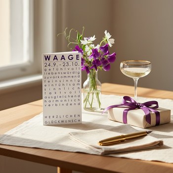 Preview: Trixi Gronau Sternzeichenkarte WAAGE, A6 Hochformat in tiefem Violett mit elegantem Typografie-Layout und Geburtstagsgruss HERZLICHEN GLUECKWUNSCH. Auf hellem Eichen-Schreibtisch mit cremefarbener Leinen-Decke, daneben tiefviolette Wicken und weisse Skabi