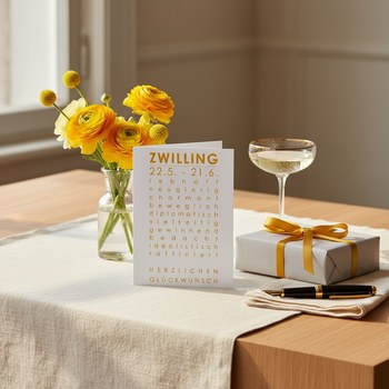 Preview: Trixi Gronau Sternzeichenkarte ZWILLING, A6 Hochformat in warmem Senfgelb mit elegantem Typografie-Layout und Geburtstagsgruss HERZLICHEN GLUECKWUNSCH. Auf hellem Eichen-Schreibtisch mit cremefarbener Leinen-Decke, daneben sonnig-gelbe Ranunkeln und Crasp