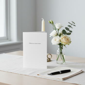Preview: Trixi Gronau sympathy card HERZLICHE ANTEILNAHME, B6 portrait in pure white with delicate dark-grey serif type. On a light desk with cream linen runner, beside white Eustoma, cream rose and eucalyptus in a simple glass vase, a slim cream beeswax taper in 