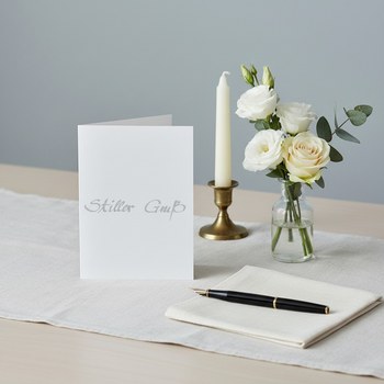 Preview: Trixi Gronau sympathy card STILLER GRUSS, B6 portrait in pure white with silver-grey brushed calligraphy. On a light desk with cream linen runner, beside white Eustoma, cream rose and eucalyptus in a glass vase, a slim cream taper in a brass holder, a bla