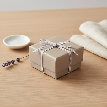 Preview: Vivant Geschenkband DASHY weiss mit taupe (4 mm) als feine Schleife auf kleinem Schmuck-Geschenk in taupefarbenem Papier, auf heller Eiche mit Lavendel und Leinenserviette. Zartes Detail fuer kleine Geschenke. Trixi Gronau Concept Store, Hamburg-Lokstedt.