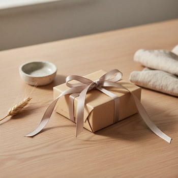 Preview: Vivant Geschenkband DUE COLORI beige und taupe (7 mm) als feine Schleife auf beigem Geschenk, auf heller Eiche mit Trockenweizen und Sand-Leinen. Warm-skandinavische Verpackungs-Stimmung. Trixi Gronau Concept Store, Hamburg-Lokstedt.