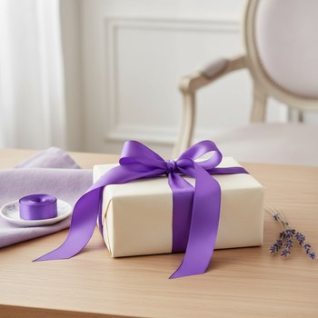 Preview: Vivant Geschenkband PARIS purple Satin (35 mm) als edle glaenzende Schleife auf Geschenk in cremefarbenem Papier, mit Lavendelzweig und lila Leinen auf heller Eiche. Pariser Boudoir-Eleganz. Trixi Gronau Concept Store, Hamburg-Lokstedt.