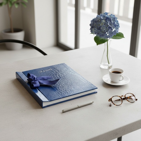 Trixi Gronau SABRINA Fotoalbum Croco-Praegung royalblau mit dunkelblauer Satinschleife auf hellem Beton mit Espresso, blauer Hortensie und runder Schildpattbrille in modernem Arbeitszimmer