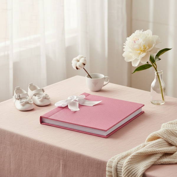 Trixi Gronau SABRINA photo album rose pink stingray-textured (beluga) leather with white satin ribbon bow on blush pink linen with baby shoes, white peony and cream knit blanket in airy nursery corner