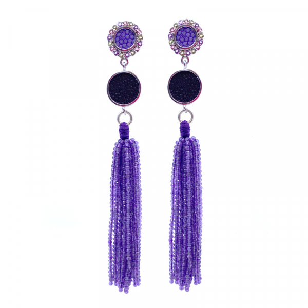 a cuckoo Moment Earring stingray and gemstones tassel in purple, front