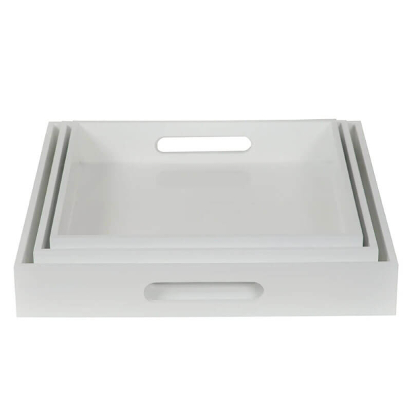 Tray, Shiny, square, lacquer white, set 3 sizesfront