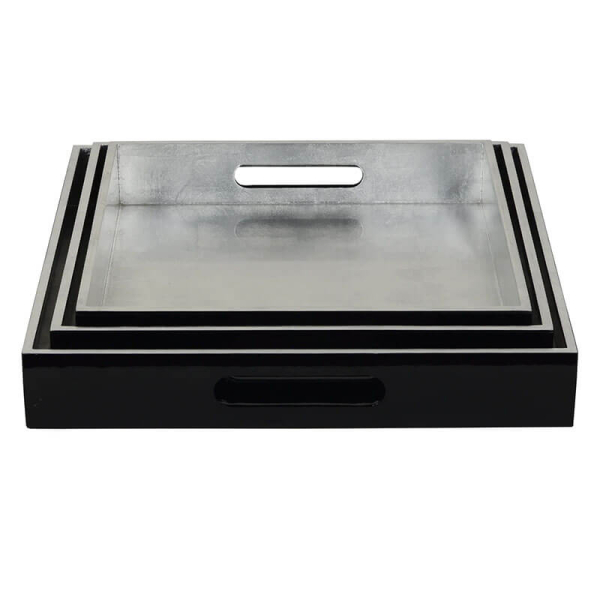 Tablett, Shiny, quadratisch, Lack schwarz Außen, innen Metallisch silber, 3 Größen, set