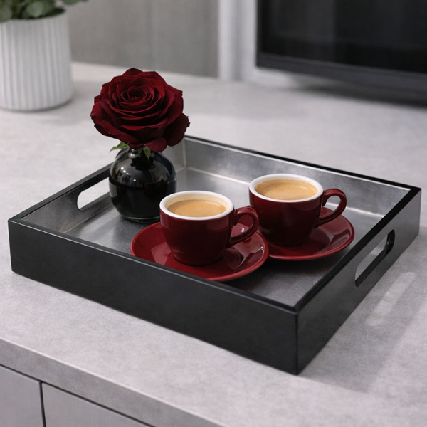 Tablett, Shiny, quadratisch, Lack schwarz Außen, innen Metallisch silber, 3 Größen, style