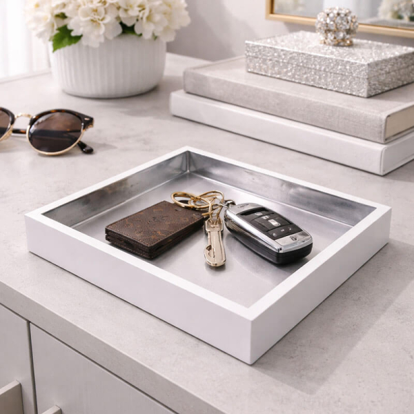 Mini Size Tray, square, paint Lacquer white-silver style key