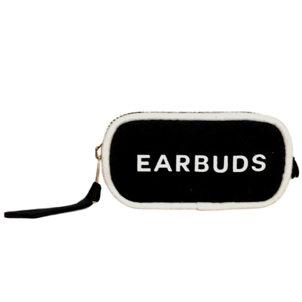 Bag All, Leinentasche schwarz mit weißer Paspelung und Earbuds Stickung, front,