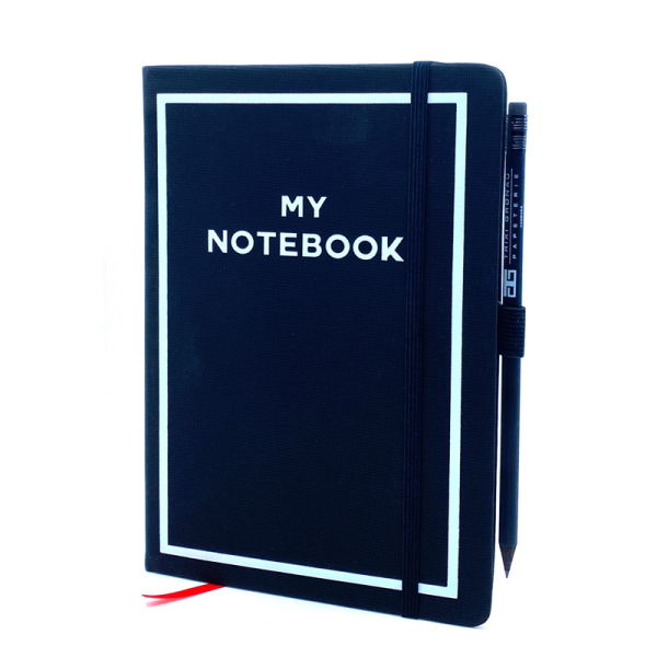 Bag All, Notizbuch A5 in schwarz Druck weiß my notebook, seitlich vorn