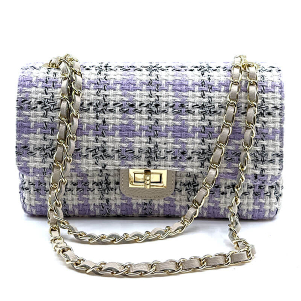 Schultertasche Marie, flieder-creme karierter Stoff, Kettenriemen, front, ecru, creme