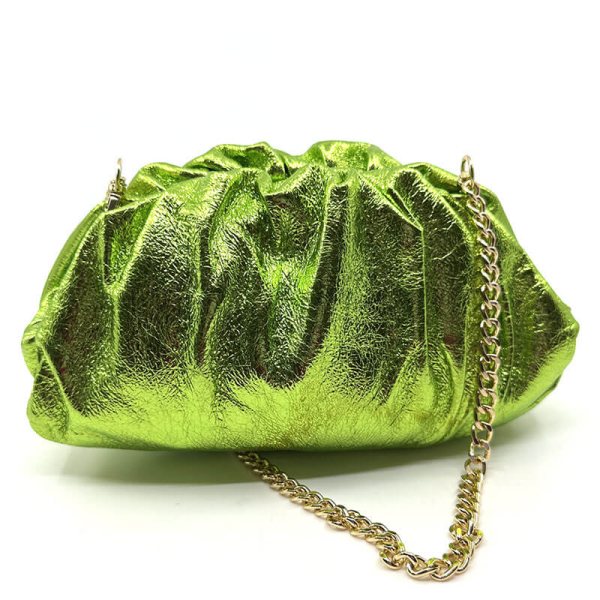 Clutch, Mia, soft leather, metallic green , strap