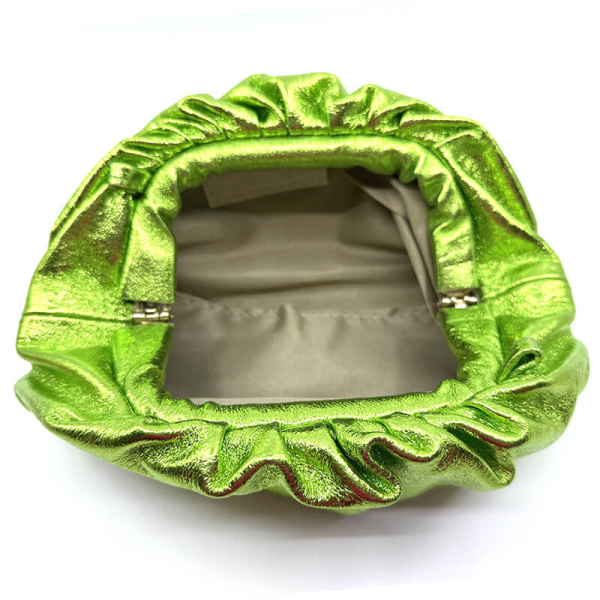 Clutch, Mia, soft leather, metallic green, open