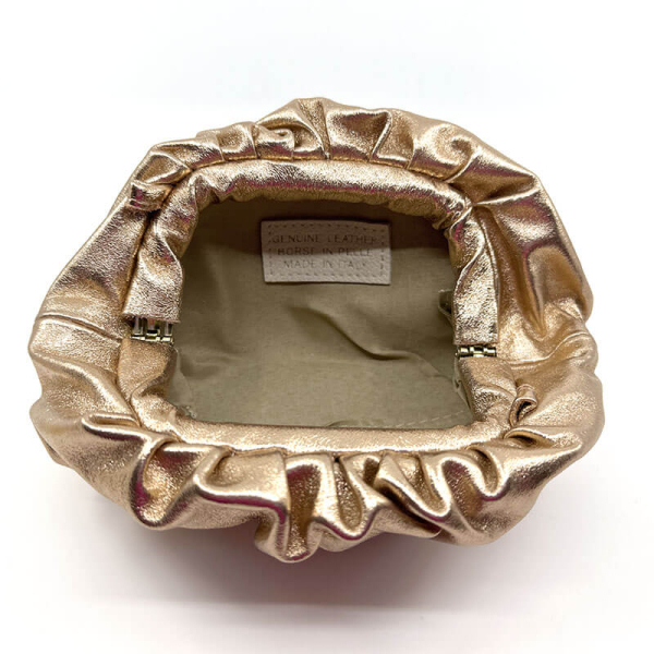 Clutch, Mia, soft leather, metallic pinkgold open