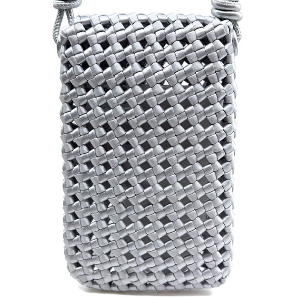 Kleine Schultertasche Lucifer Stoff geflochten silber, silberne Akzente, detail back