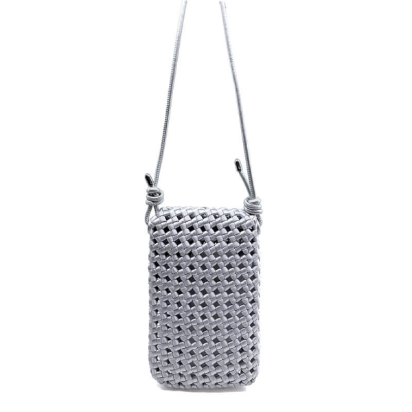 Kleine Schultertasche Lucifer Stoff geflochten silber, silberne Akzente,, Rückseite