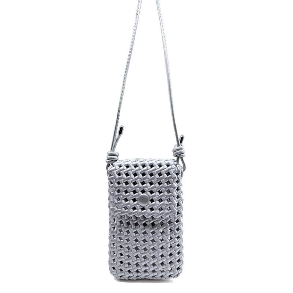 Kleine Schultertasche Lucifer Stoff geflochten silber, silberne Akzente, front