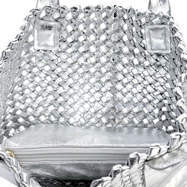 Tote Bag Zita, geflochtenes veganes Leder leder, Metallic silber,inside