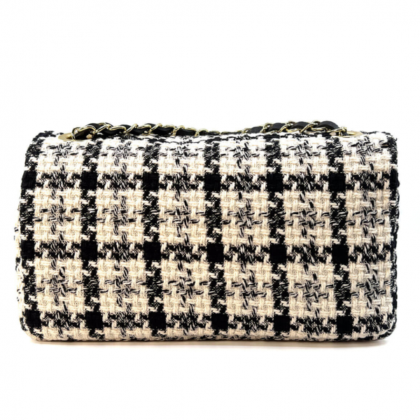 Shoulder bag Marie,cream-black, checkered fabric, chain strap, back