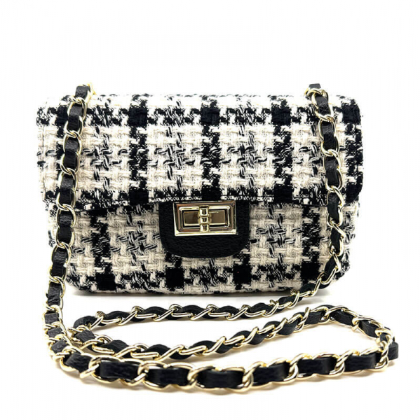 Shoulder bag Marie S, cream-black, checkered fabric, chain strap, front