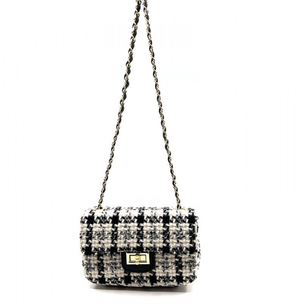 Shoulder bag Marie S, cream-black, checkered fabric, chain strap, front, hanging