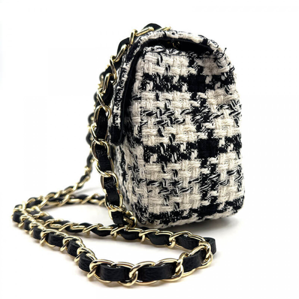Shoulder bag Marie S, cream-black, checkered fabric, chain strap, side