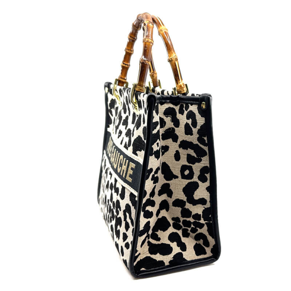 Tote Bag, Vimoda, Lea, Canvas print Handle Rive Gauche,Leo print black, side
