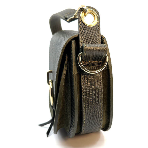 Crossbody-Saddelbag, Nane, Leder khaki, geprägt, side