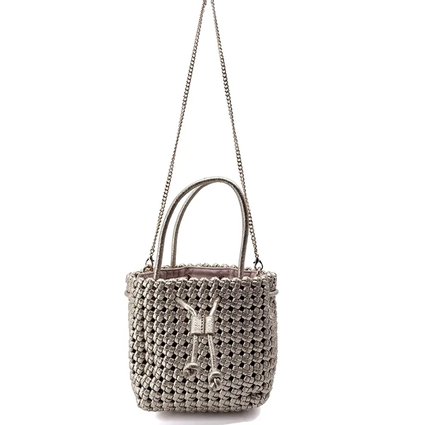 Vimoda Cleo hanging from its gold-tone chain, woven texture seen from the front