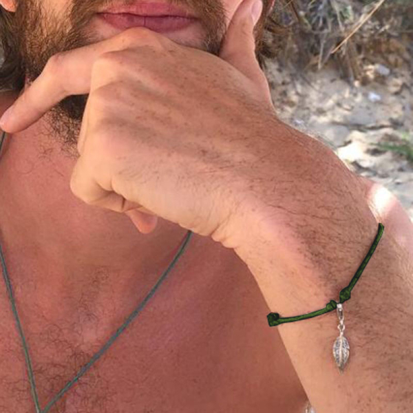 Bernardes bracelet, Soul, silver Feather, green cord, gold accents, style man
