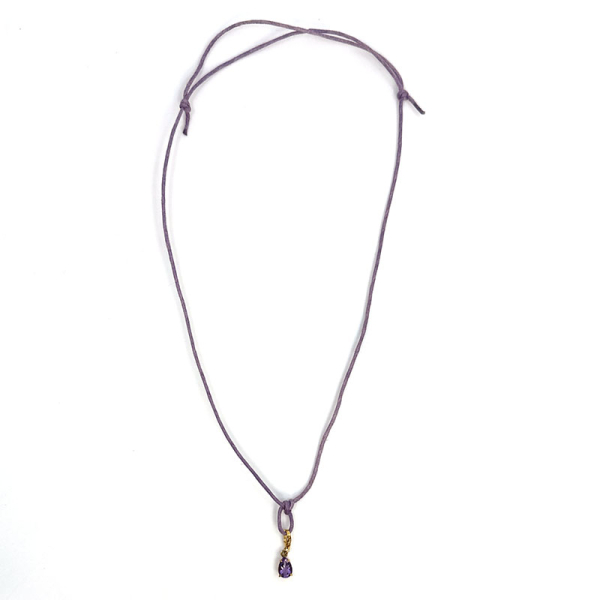 Bernardes necklace, Charm, pendant small charms armethyst purple, cord lilac, gold accents, front