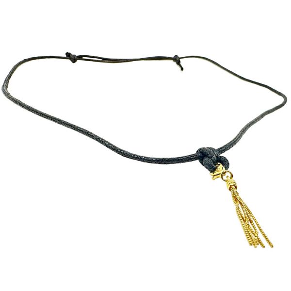 Bernardes necklace, Venetian, pendant small charms, blue, cord, gold accents, detail