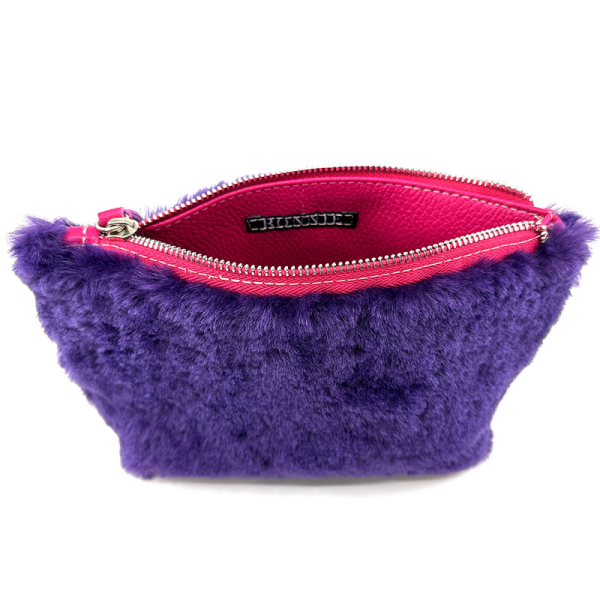 Bonnie Porchette Felltasche Clutch Alice, Lammfell violett, innen Soft Glattleder pink