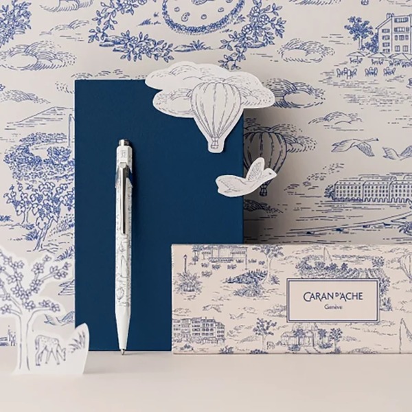 Caran d'Ache Toile de Jouy ballpoint pen with blue and white illustrated packaging