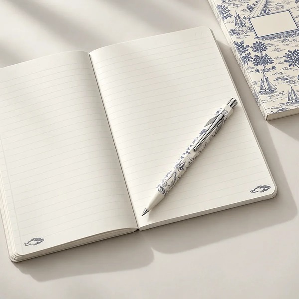 Caran d'Ache Toile de Jouy A5 notebook open with white 849 ballpoint pen