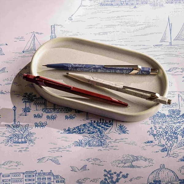 Caran d'Ache Toile de Jouy Geneva Edition 2026 writing instruments in white blue and burgundy